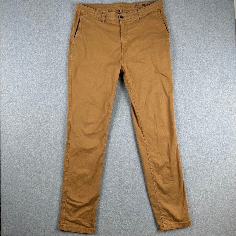 George Mens Slim Straight Chinos Tan Khaki‎ Pant Size 36x34 Prep Business Casual